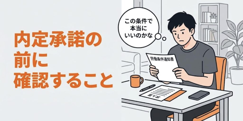 自宅で労働条件通知書を読み、内定を承諾してよいか真剣に考える男性の柔道整復師のイラスト