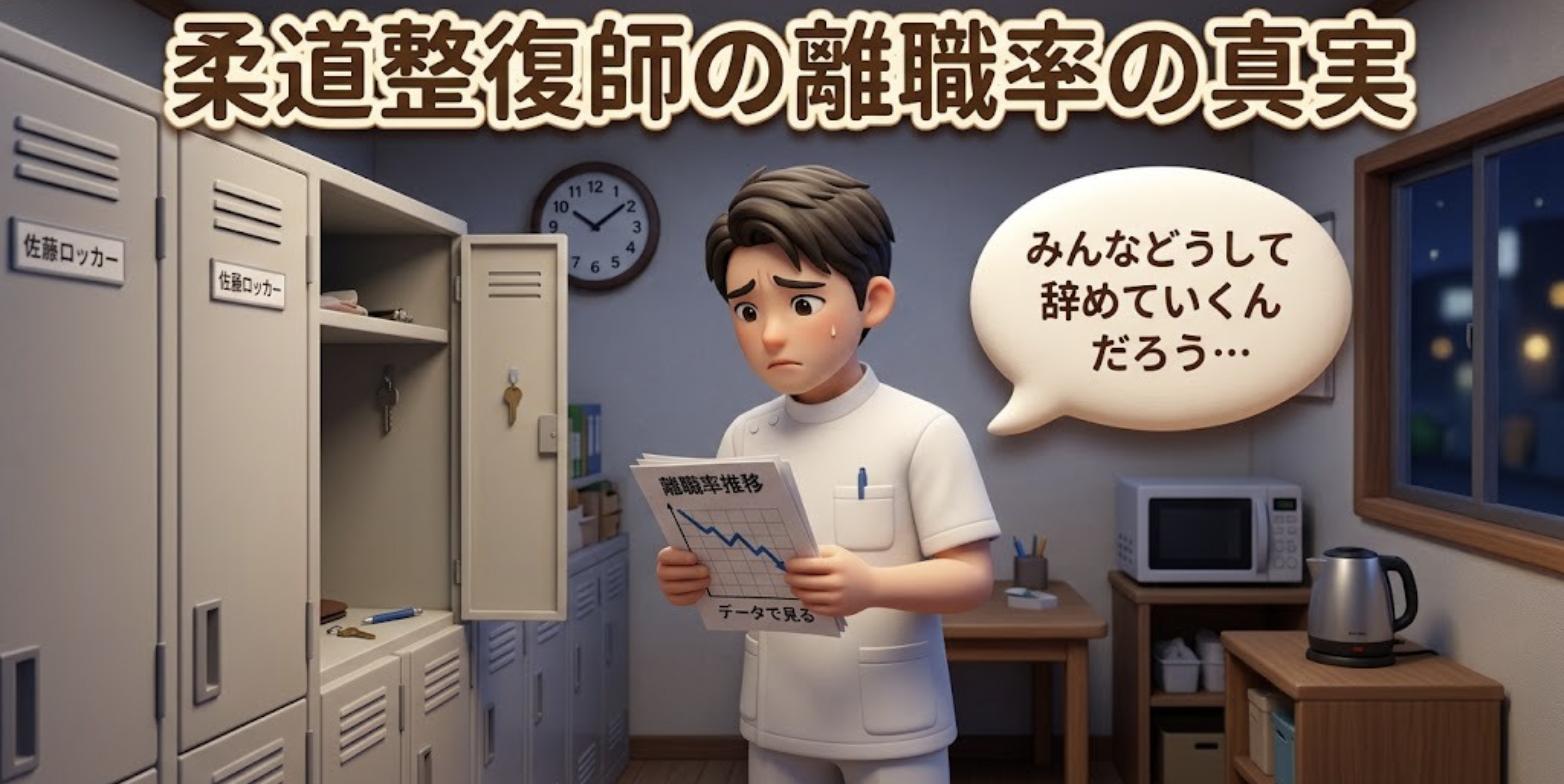 空いた同僚のロッカーの前で離職率の資料を見て不安そうな柔道整復師の3Dイラスト