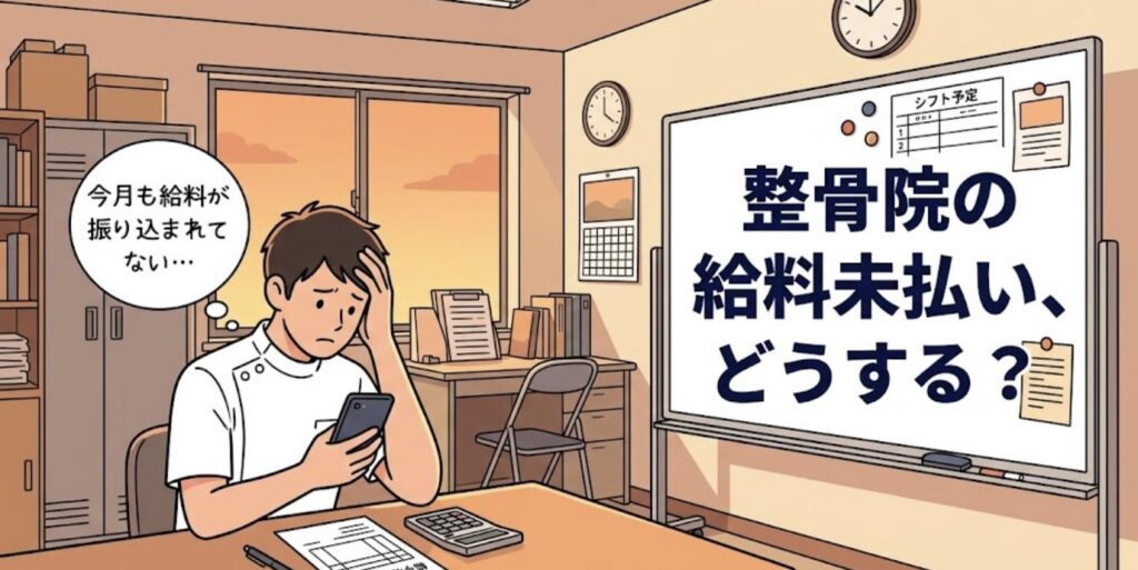 給料が振り込まれずスマートフォンを見て頭を抱える柔道整復師と「整骨院の給料未払い、どうする？」の見出し