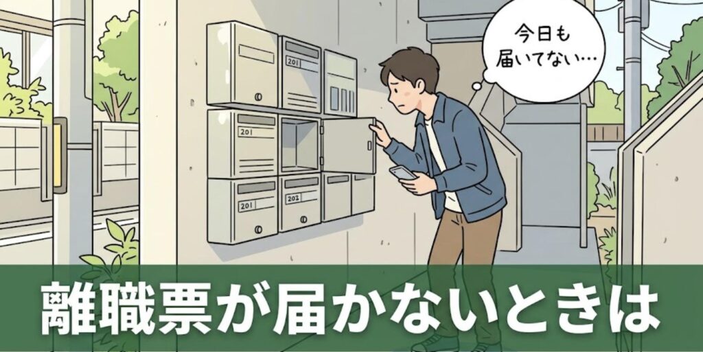 整骨院を辞めた後、離職票が届かず空の郵便受けをのぞく柔道整復師のイラスト