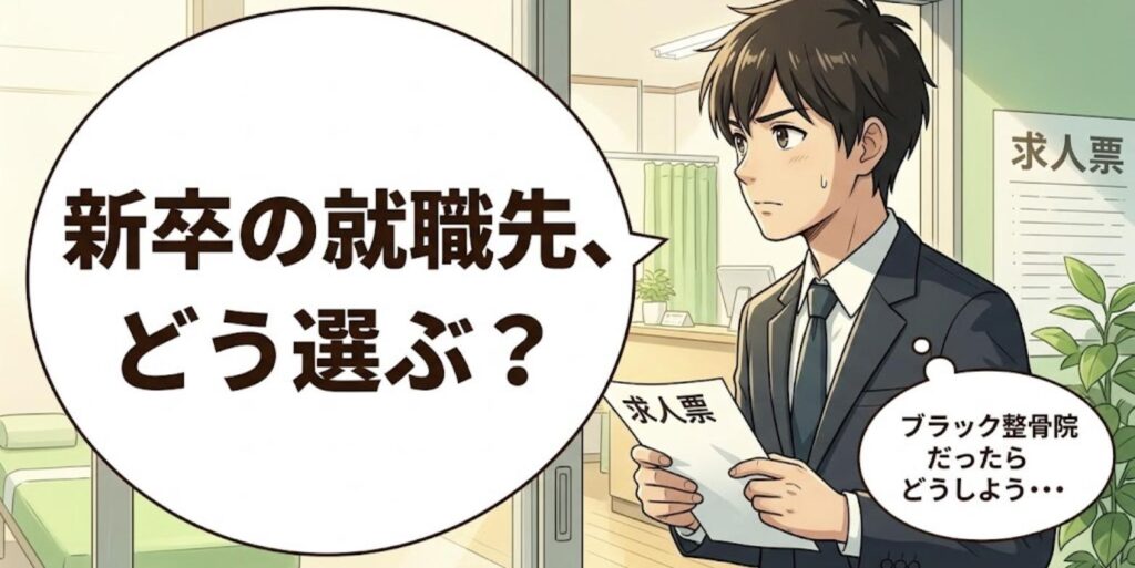 求人票を手に整骨院の入口で院内を観察する新卒の柔道整復師と「新卒の就職先、どう選ぶ？」の見出し
