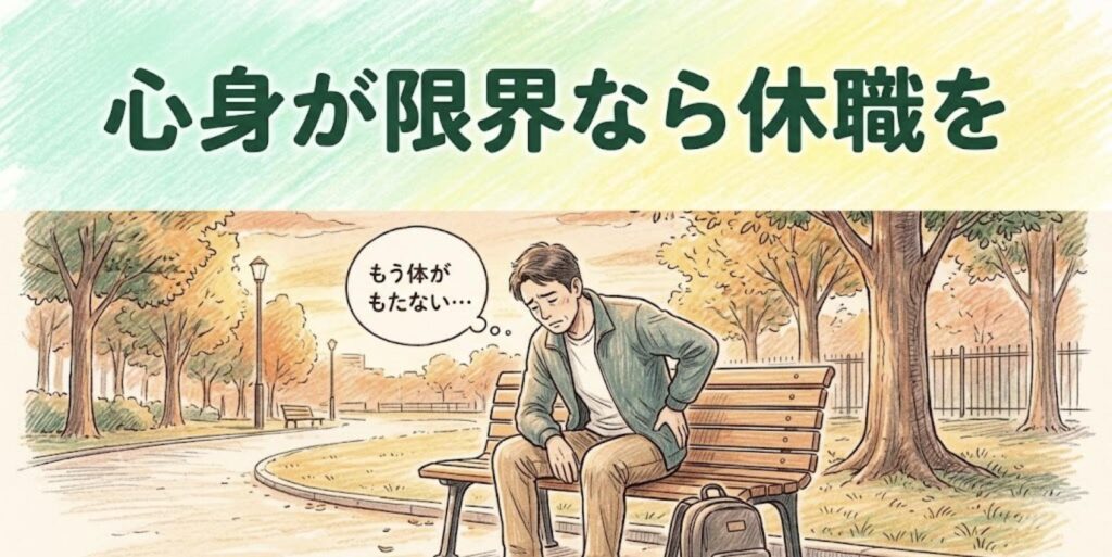 仕事帰りの公園のベンチで腰を押さえ心身の限界を感じている柔道整復師のイラスト