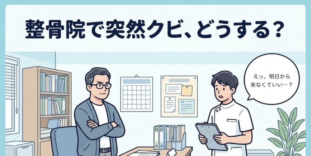 腕を組む院長に突然の解雇を告げられ驚く男性柔道整復師と「えっ、明日から来なくていい…？」の吹き出し