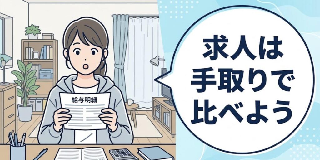 給与明細を見て手取りの少なさに驚く女性柔道整復師と、求人は手取りで比べようという見出しのイラスト