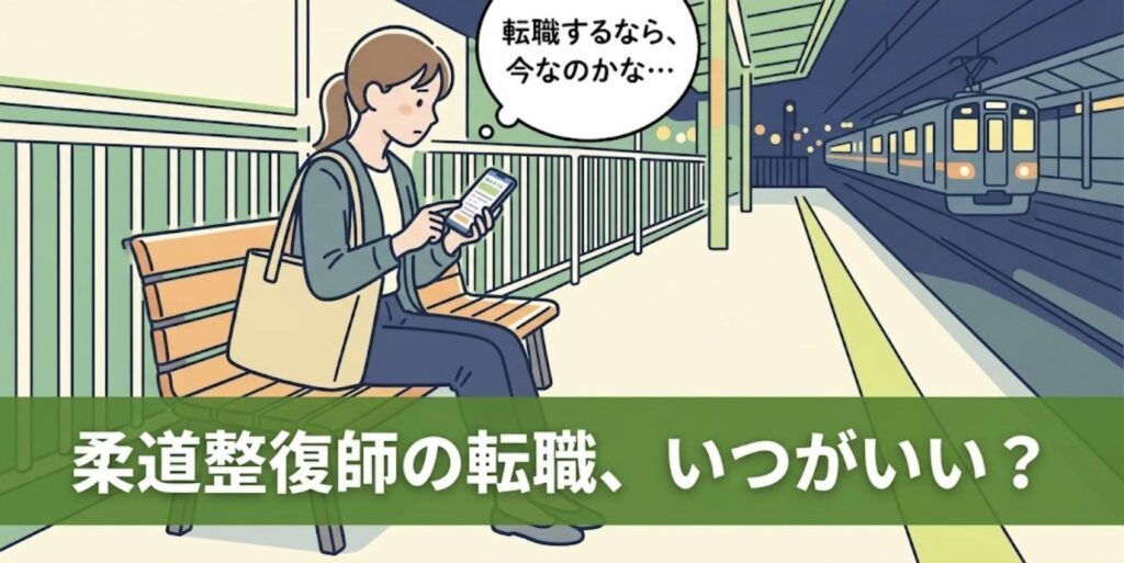 仕事帰りの駅のホームで求人を見ながら転職の時期に迷う女性柔道整復師と「柔道整復師の転職、いつがいい？」の見出し