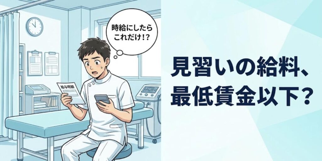 給与明細と電卓を持って驚く新人の男性柔道整復師と「見習いの給料、最低賃金以下？」の見出し