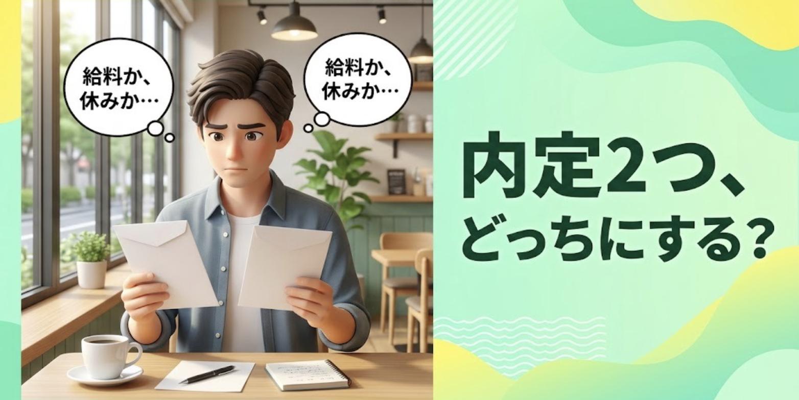 カフェで両手に2通の内定の封筒を持ち、給料と休みのどちらを取るか悩む男性柔道整復師のイラスト