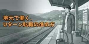 地方の駅のホームでキャリーケースを引き山並みを見つめる男性柔道整復師のイラスト