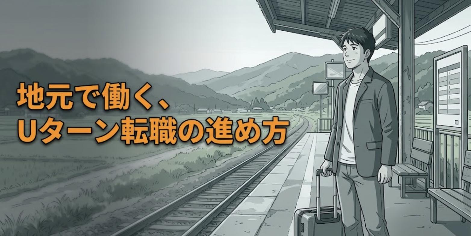 地方の駅のホームでキャリーケースを引き山並みを見つめる男性柔道整復師のイラスト
