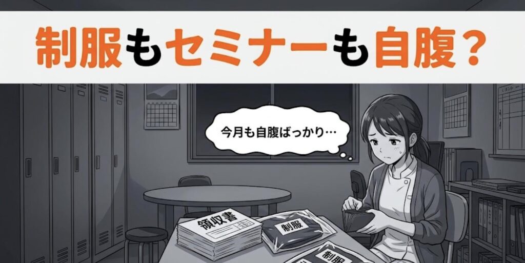 領収書や制服の袋を前に財布を開いて落ち込む女性柔道整復師と「制服もセミナーも自腹？」の見出し