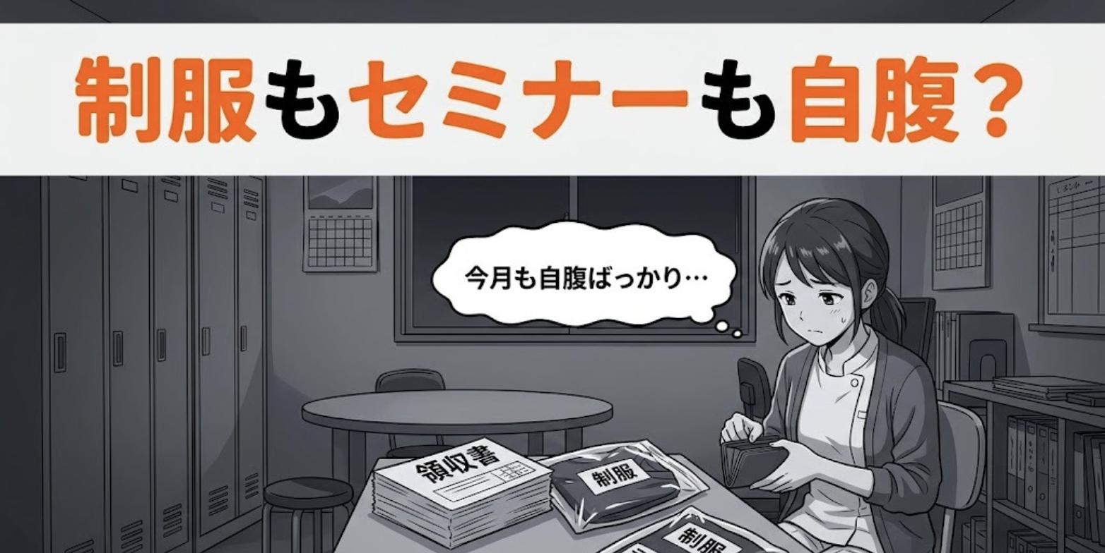 領収書や制服の袋を前に財布を開いて落ち込む女性柔道整復師と「制服もセミナーも自腹?」の見出し