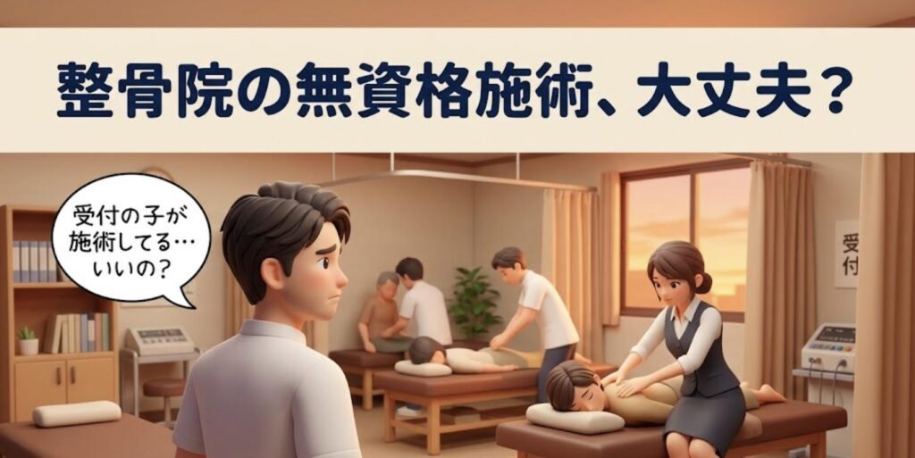 受付スタッフが患者を施術している様子を見て不安になる柔道整復師と「整骨院の無資格施術、大丈夫？」の見出し