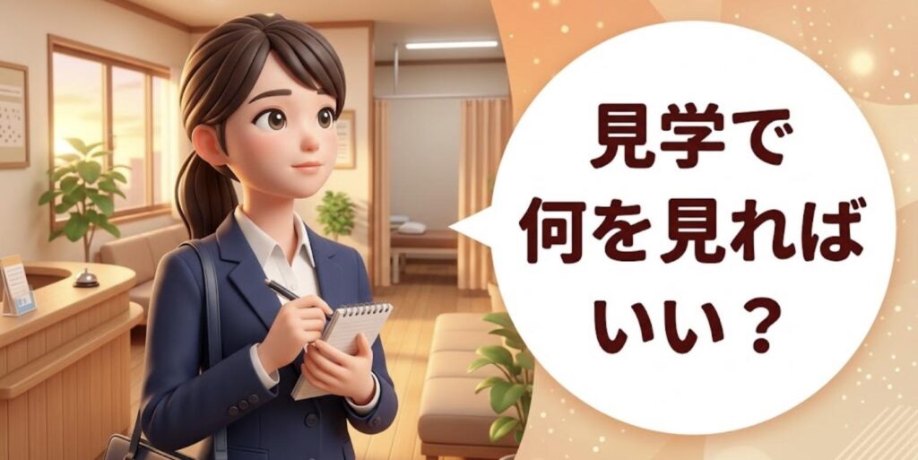 スーツ姿でメモ帳を手に、整骨院の待合室を見学する女性柔道整復師のイラスト