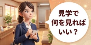 スーツ姿でメモ帳を手に、整骨院の待合室を見学する女性柔道整復師のイラスト