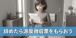 自宅の玄関で届いた封筒の書類を確認する女性柔道整復師のイラスト
