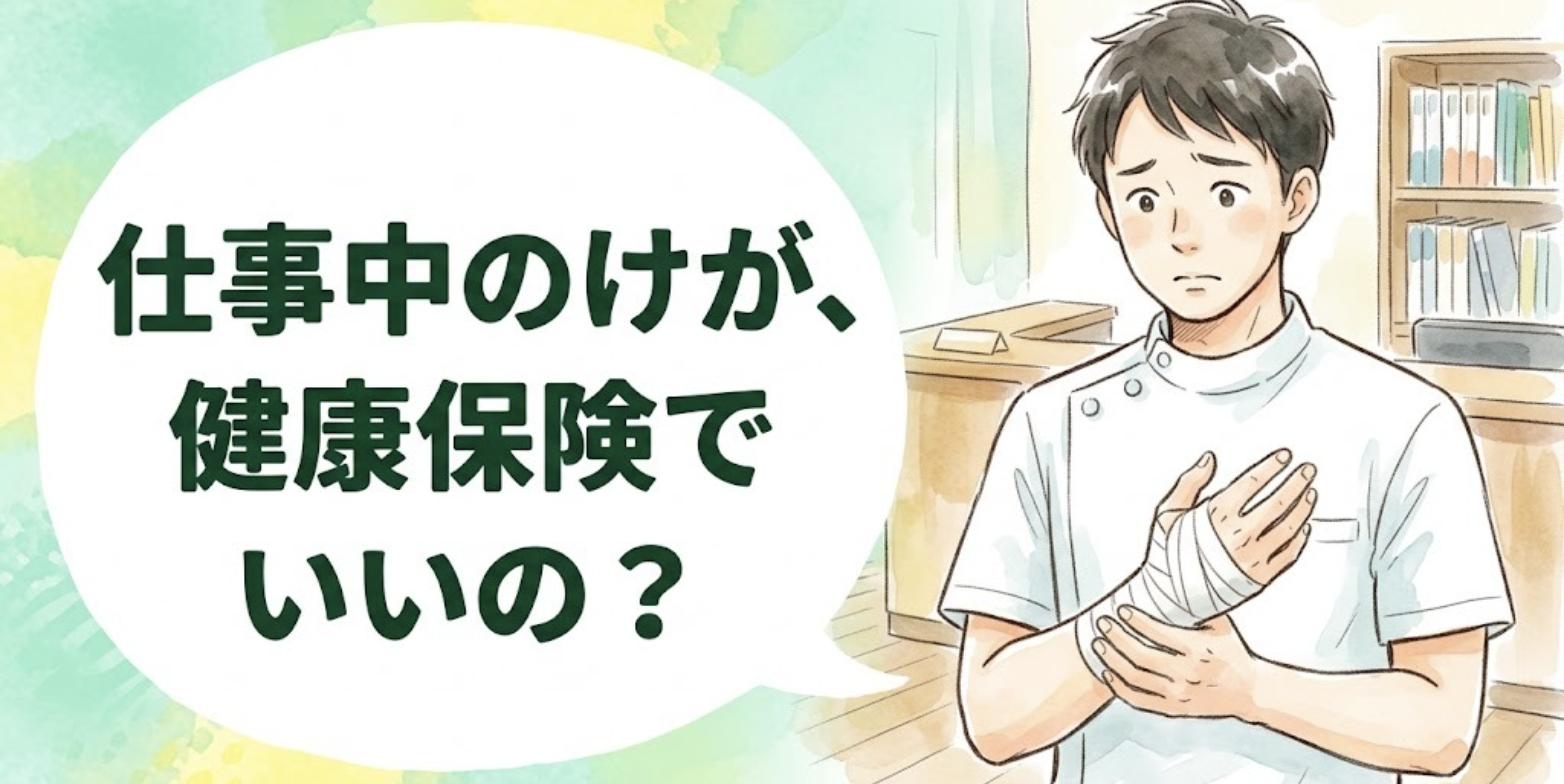 包帯を巻いた手首を支える男性柔道整復師と「仕事中のけが、健康保険でいいの?」の吹き出し