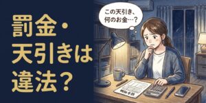 夜の自宅で給与明細と電卓を前に天引きの中身に悩む女性柔道整復師と「罰金・天引きは違法？」の見出し