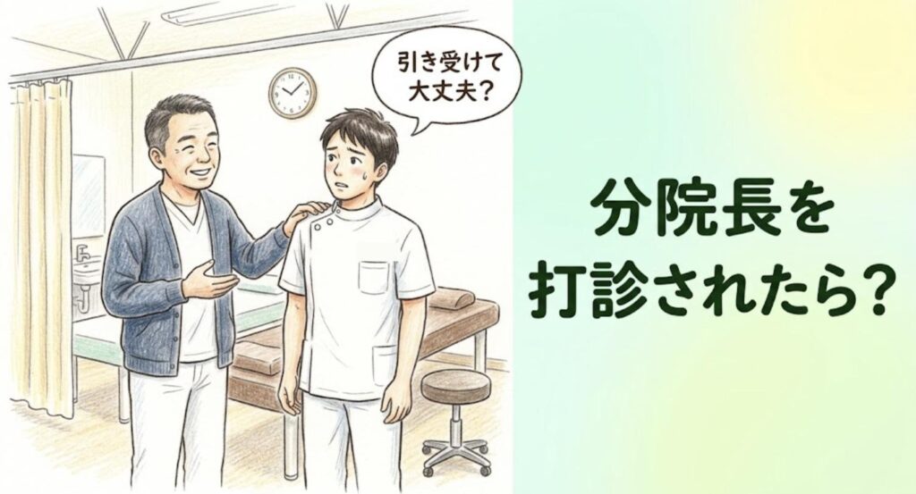 診療後の施術室で院長から分院長を打診され、引き受けて大丈夫か戸惑う柔道整復師