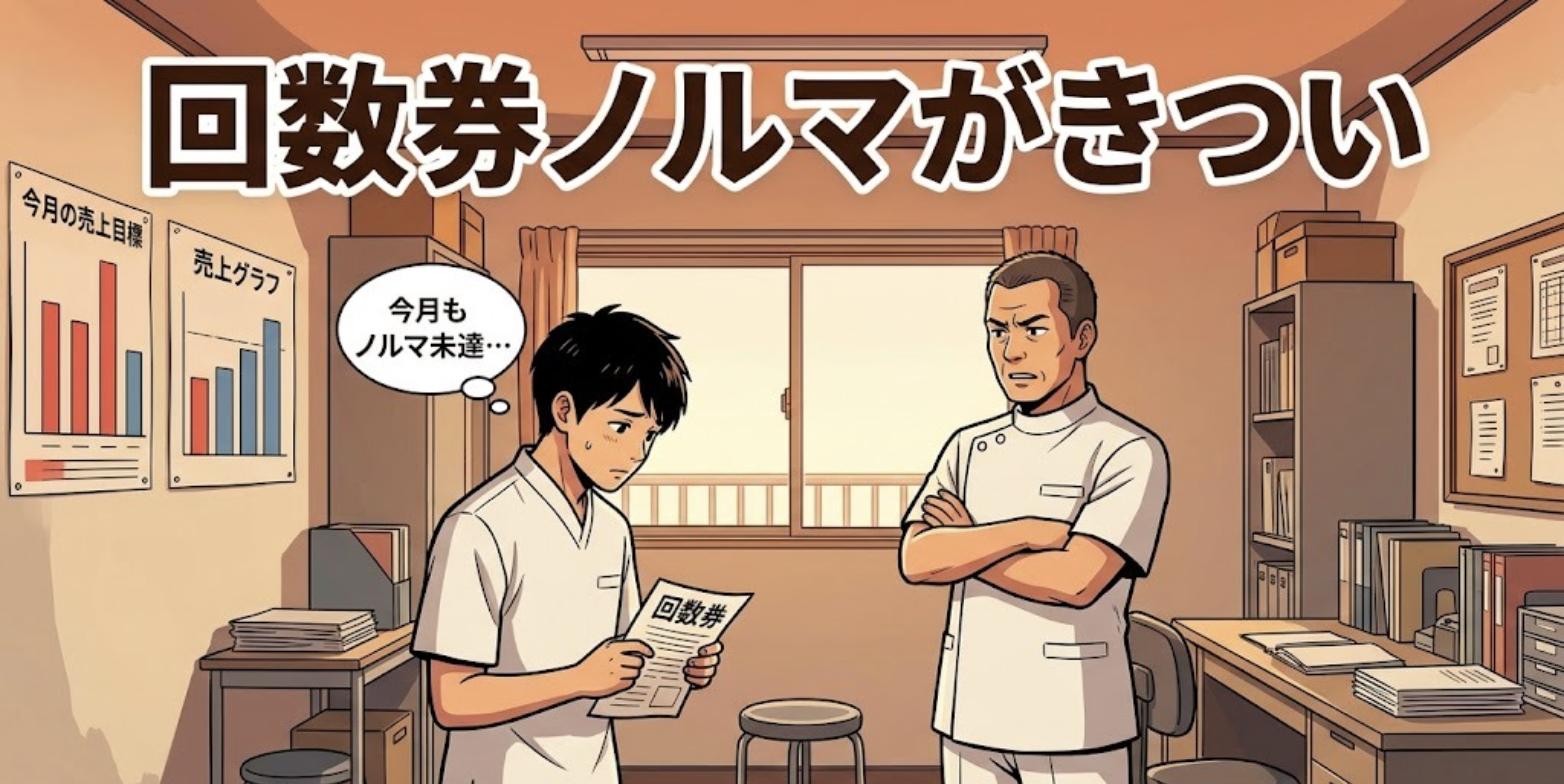 売上グラフの前で院長ににらまれ、回数券のチラシを持ってうつむく柔道整復師と「回数券ノルマがきつい」の見出し