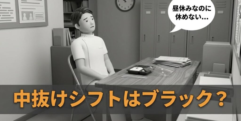 昼休みも休めず時計を見上げる柔道整復師と「中抜けシフトはブラック？」の見出し