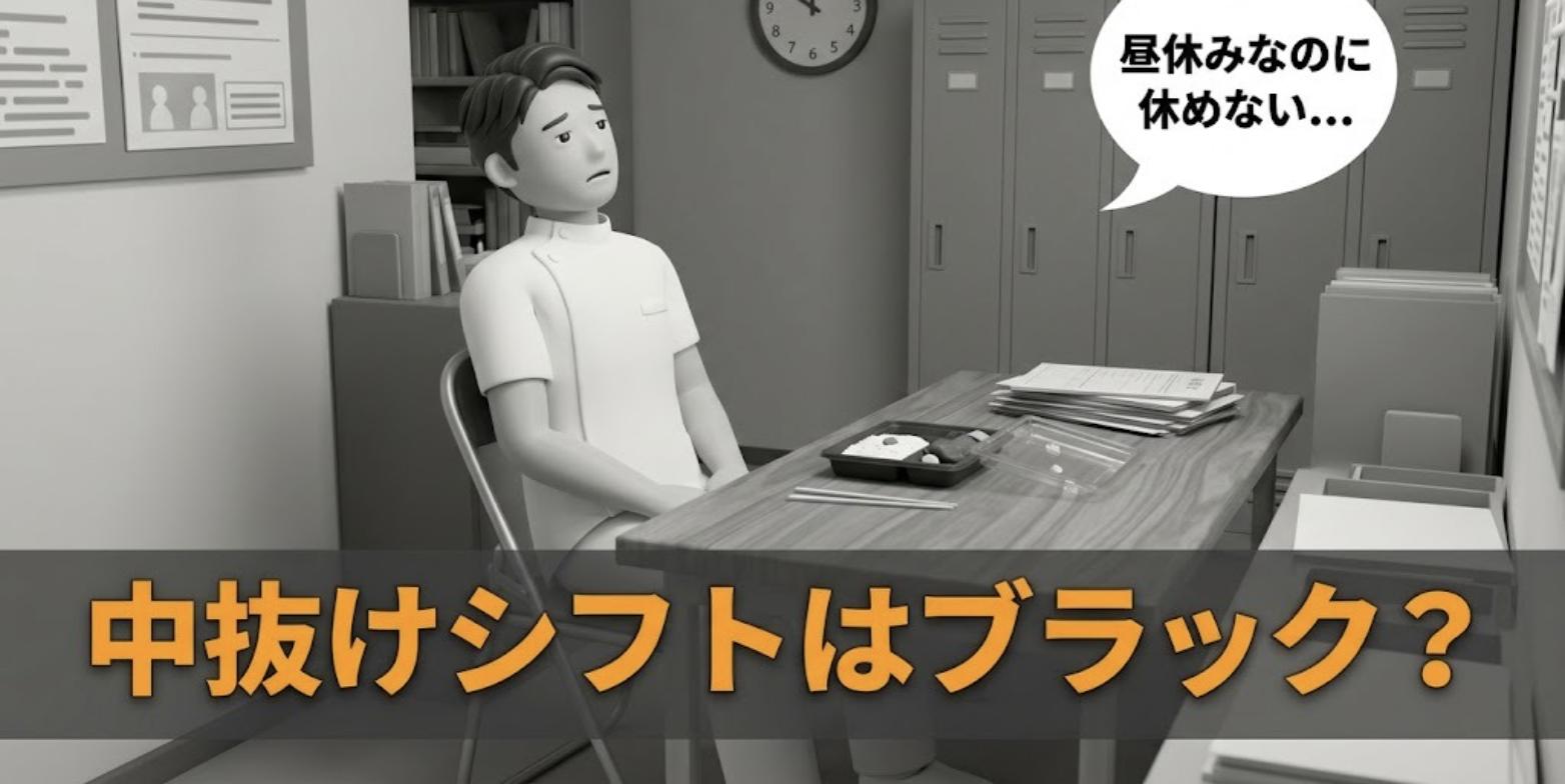 昼休みも休めず時計を見上げる柔道整復師と「中抜けシフトはブラック？」の見出し
