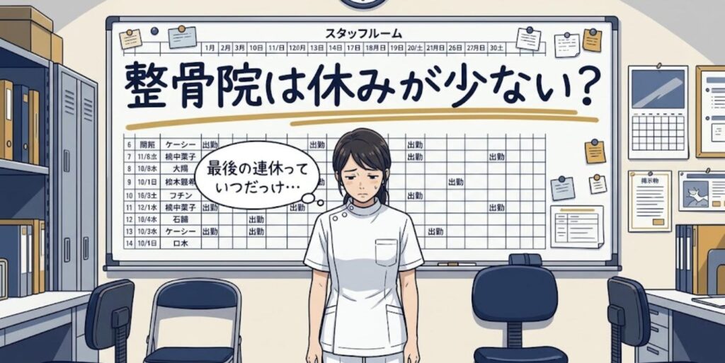 スタッフルームのシフト表の前で、休みの少なさに疲れた表情を見せる女性の柔道整復師のイラスト