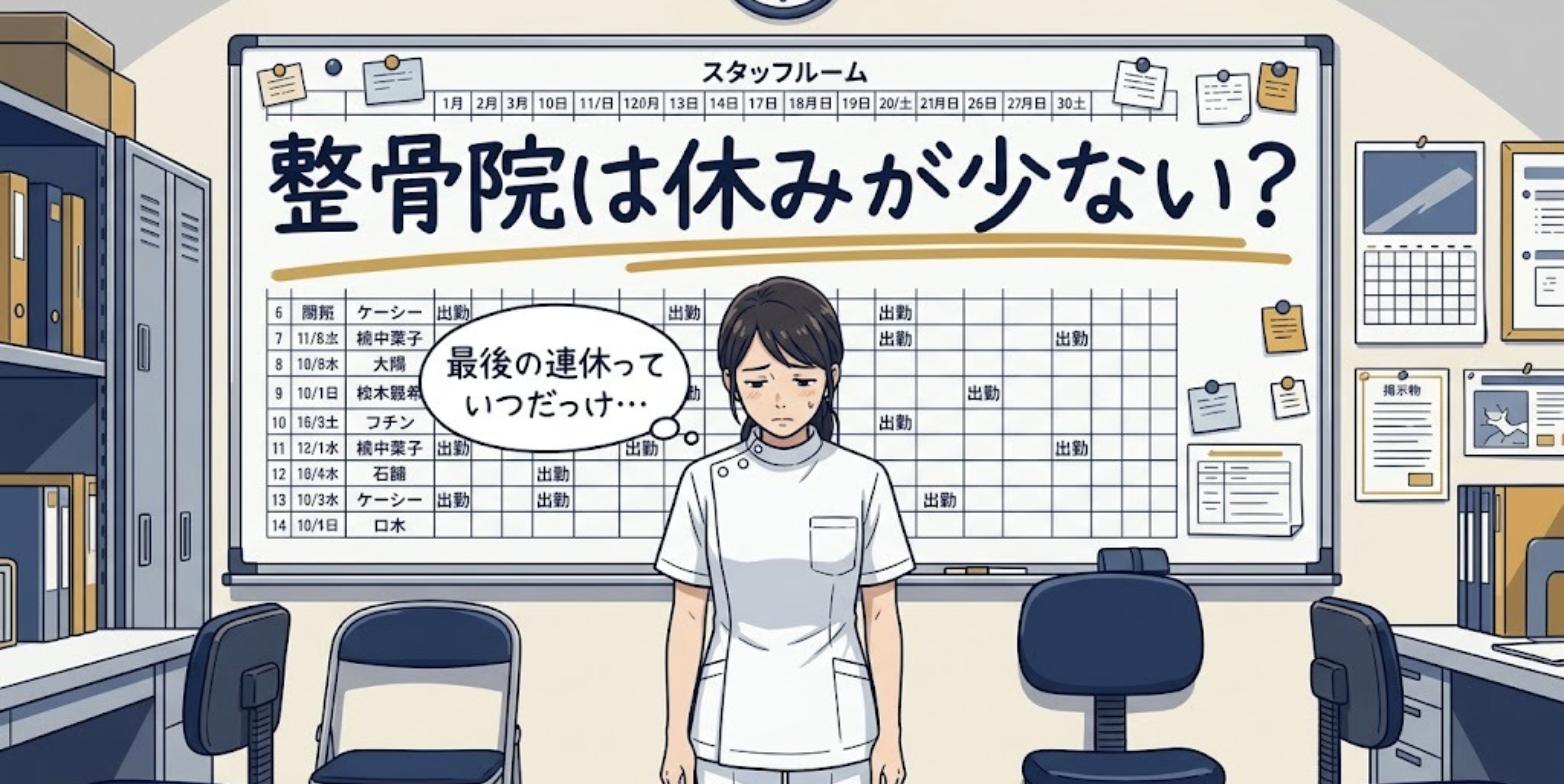 スタッフルームのシフト表の前で、休みの少なさに疲れた表情を見せる女性の柔道整復師のイラスト