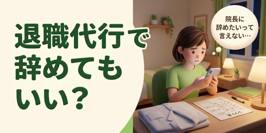 院長に辞めたいと言えず、夜の自宅でスマホを見つめて退職代行を調べる女性の柔道整復師のイラスト
