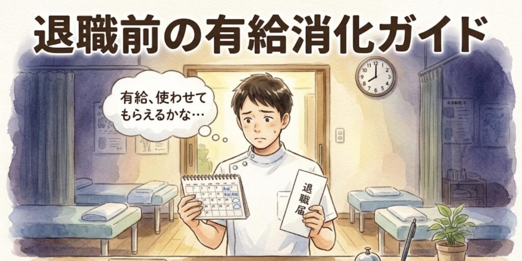 退職前に有給を使わせてもらえるか不安そうに、カレンダーと退職届を持つ整骨院の施術者のイラスト