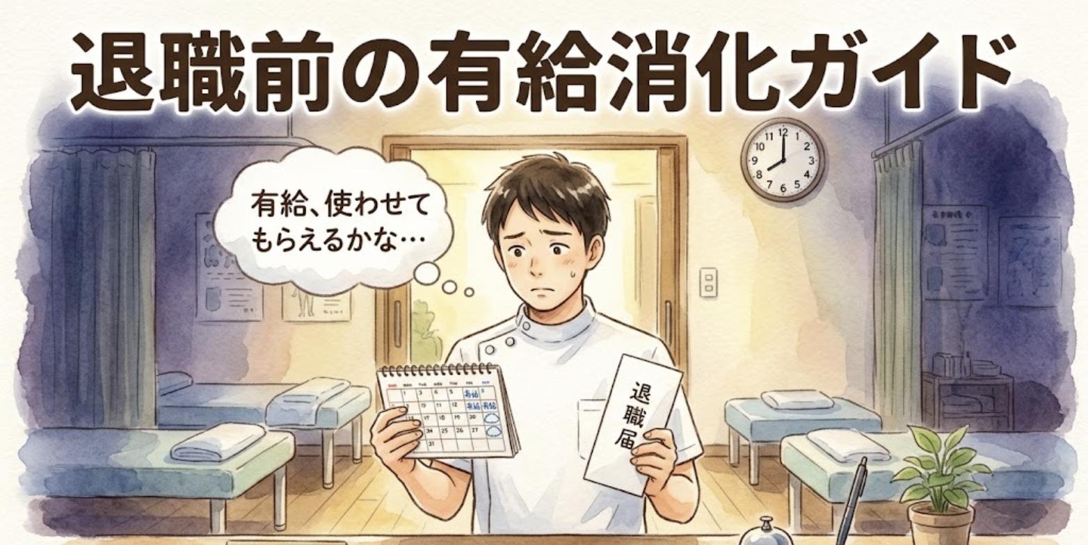 退職前に有給を使わせてもらえるか不安そうに、カレンダーと退職届を持つ整骨院の施術者のイラスト