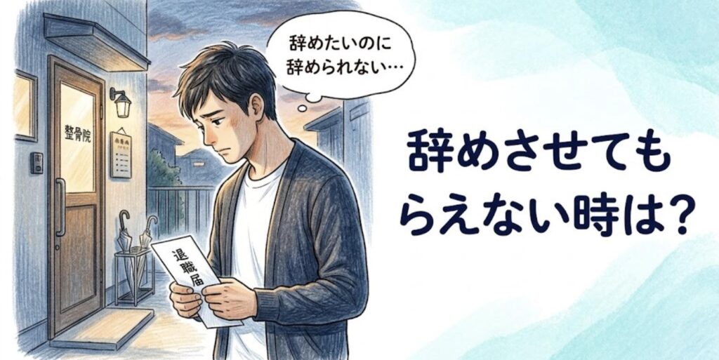 受け取ってもらえなかった退職届を手に整骨院の裏口でうつむく柔道整復師と「辞めさせてもらえない時は？」の見出し