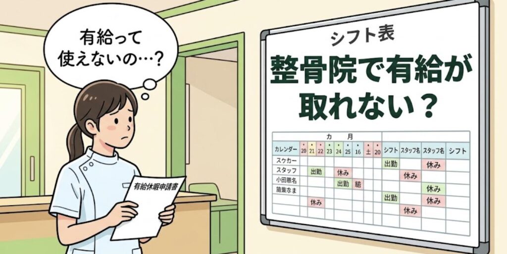 有給申請書を手にシフト表のホワイトボードを見つめる女性柔道整復師と「整骨院で有給が取れない？」の見出し