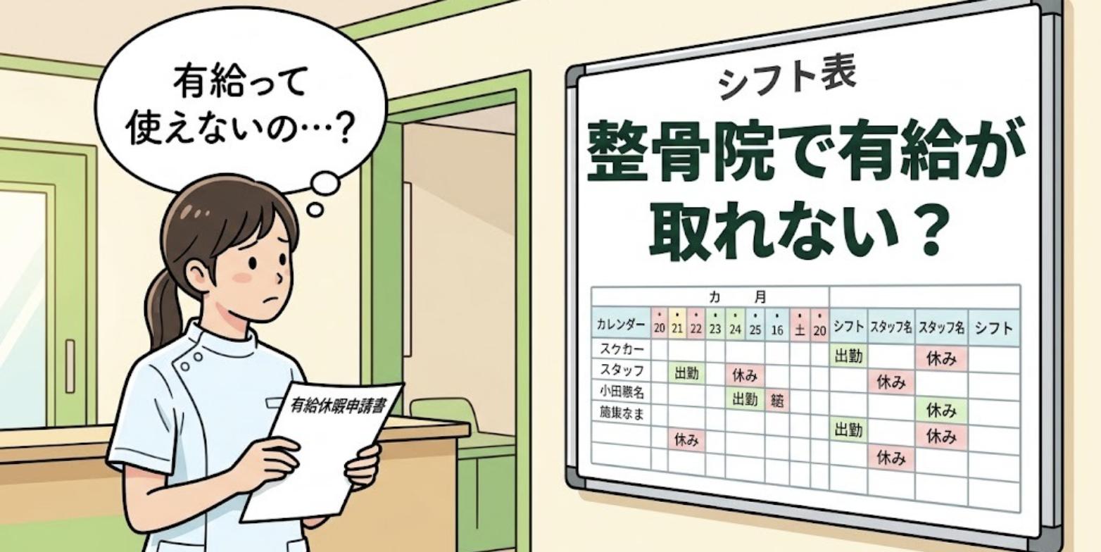 有給申請書を手にシフト表のホワイトボードを見つめる女性柔道整復師と「整骨院で有給が取れない？」の見出し