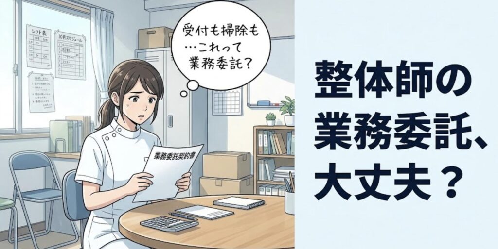 業務委託契約書を手に「受付も掃除も…これって業務委託？」と不安そうに考える女性整体師と、「整体師の業務委託、大丈夫？」の見出し