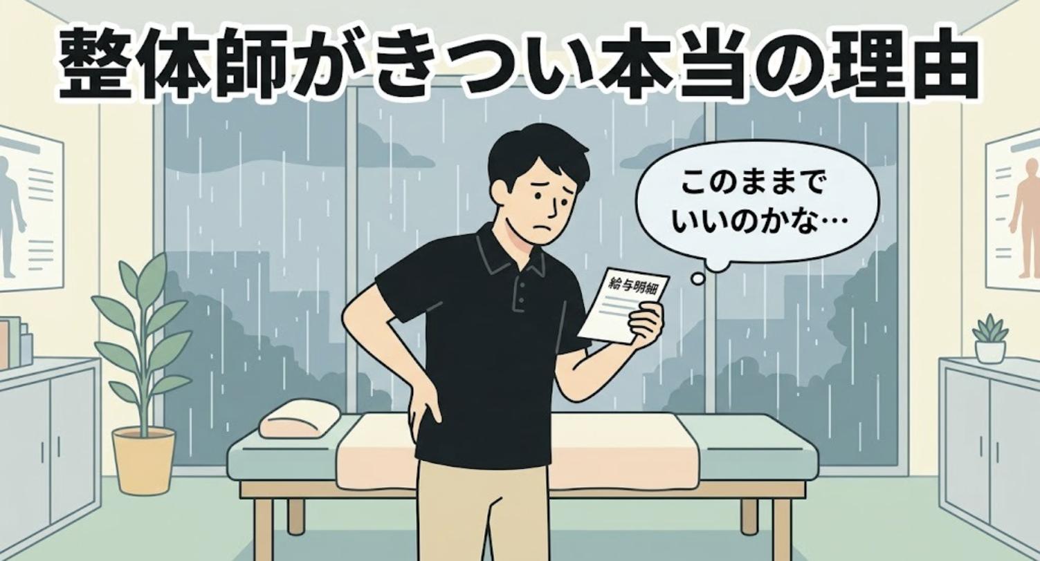 雨の日の整体院で給与明細を見つめ、腰に手を当てて悩む整体師のフラットイラスト