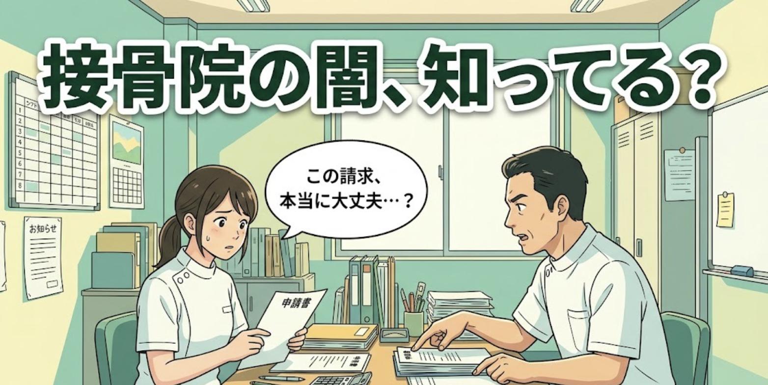 接骨院のスタッフルームで院長に申請書の請求を指示され「この請求、本当に大丈夫…？」と戸惑う若手の柔道整復師と「接骨院の闇、知ってる？」の見出し