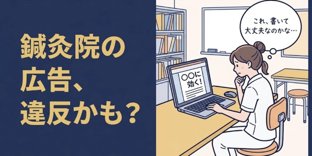 チラシの原稿に「○○に効く」と書くか迷う女性鍼灸師と「鍼灸院の広告、違反かも？」の見出し