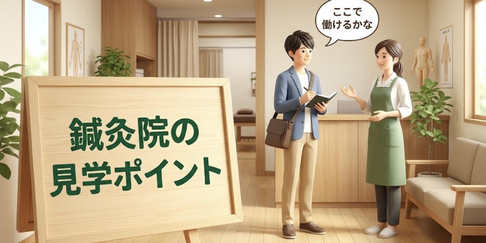 鍼灸院の受付で院長から説明を受けながら、ここで働けるか見学する鍼灸師のイラスト