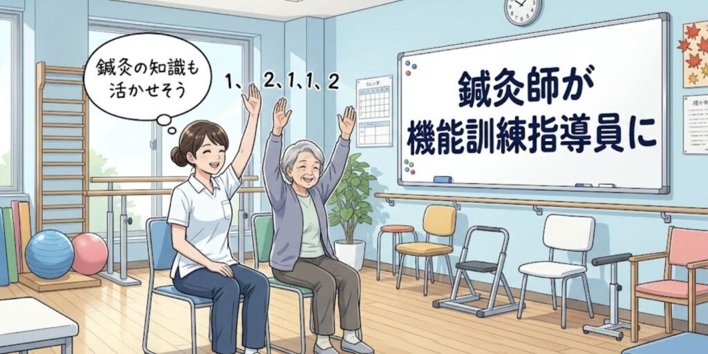 デイサービスの機能訓練室で、高齢の利用者と一緒に体操をする女性鍼灸師のイラスト