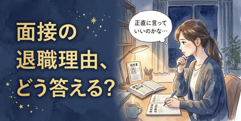 夜の自宅で面接の退職理由をどう答えるか悩む女性鍼灸師のイラスト