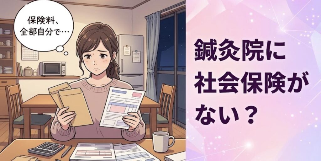自宅のダイニングで保険料の書類を手に、全部自分で払う負担に不安を感じる女性鍼灸師のイラスト