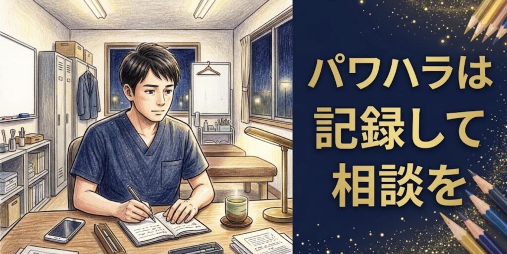 夜の鍼灸院スタッフルームでノートに記録をつける男性鍼灸師のイラスト
