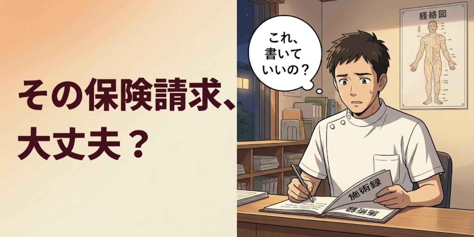 夜の鍼灸院で施術録を前に、保険請求の書き方に迷う男性鍼灸師のイラスト