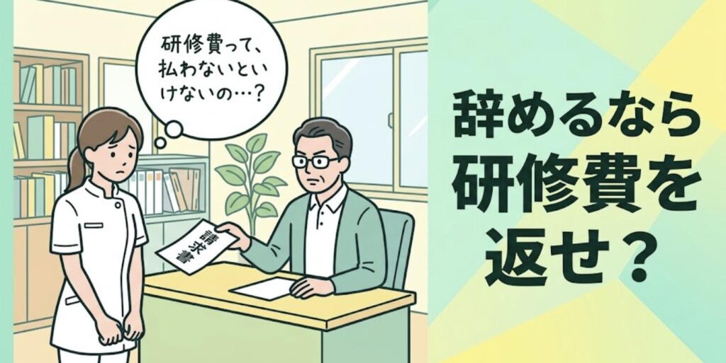 院長から研修費の請求書を差し出されて困惑する女性鍼灸師と「辞めるなら研修費を返せ？」の見出し