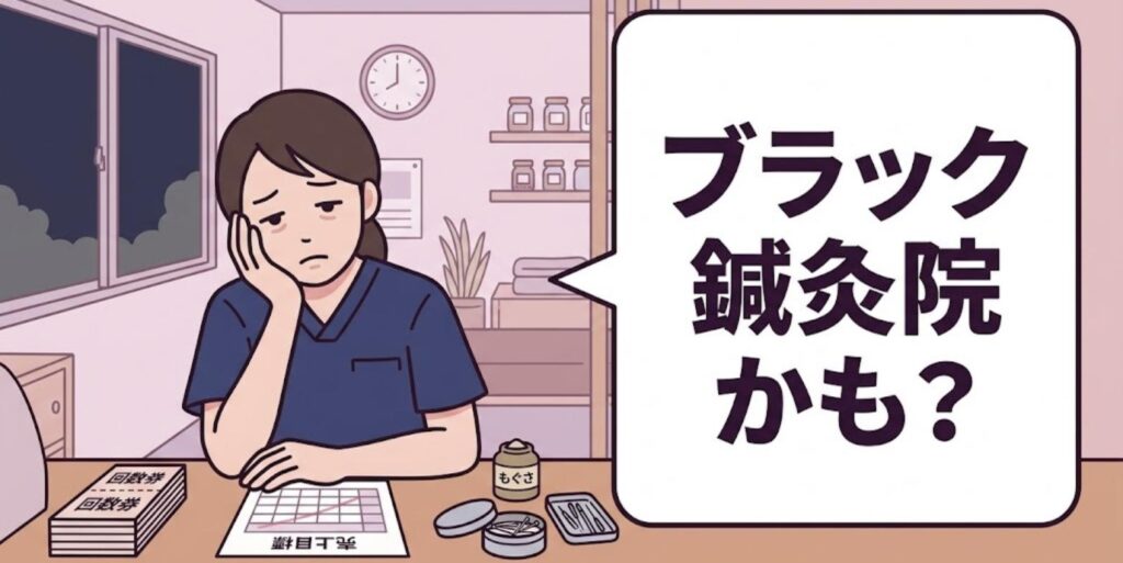 閉院後の鍼灸院の受付で、回数券と売上目標の表を前に疲れた表情で頬杖をつく女性鍼灸師と「ブラック鍼灸院かも？」の吹き出し