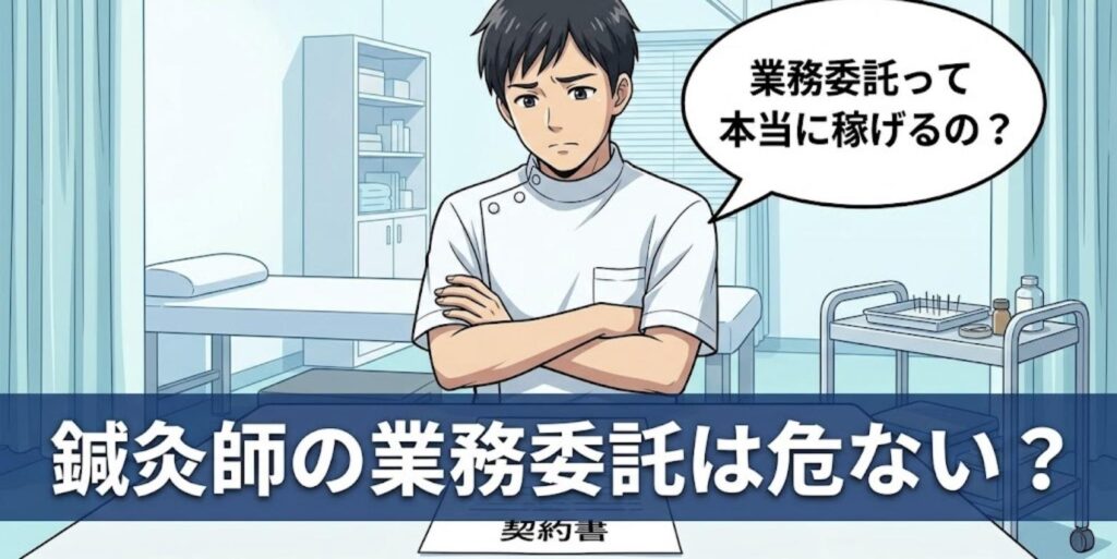 鍼灸院の施術室で契約書を前に腕を組み、業務委託で本当に稼げるか悩む男性の鍼灸師のイラスト