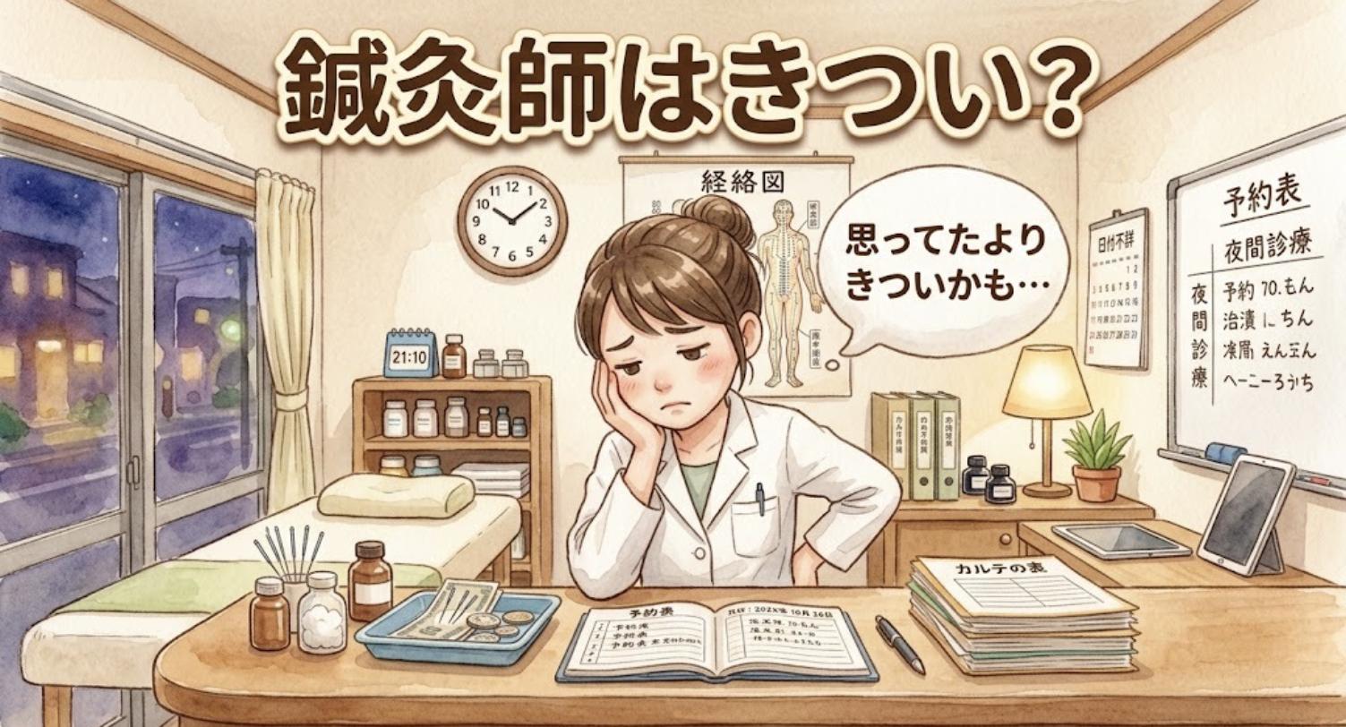 夜の鍼灸院で頬杖をつき疲れた表情の鍼灸師を描いた水彩タッチのイラスト