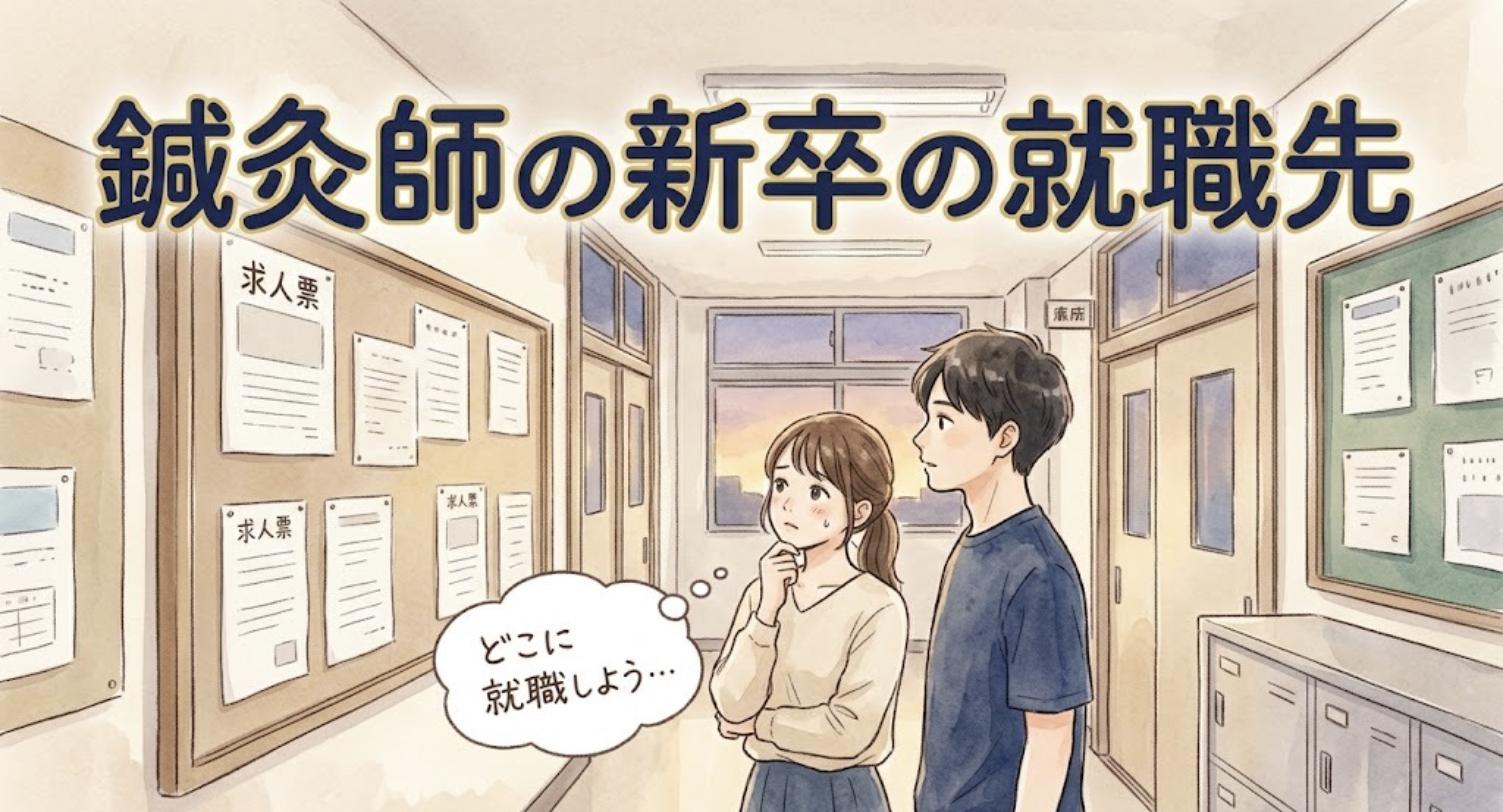 養成校の廡下で求人票を見比べ、どこに就職するか迷う新卒の鍼灸師たち