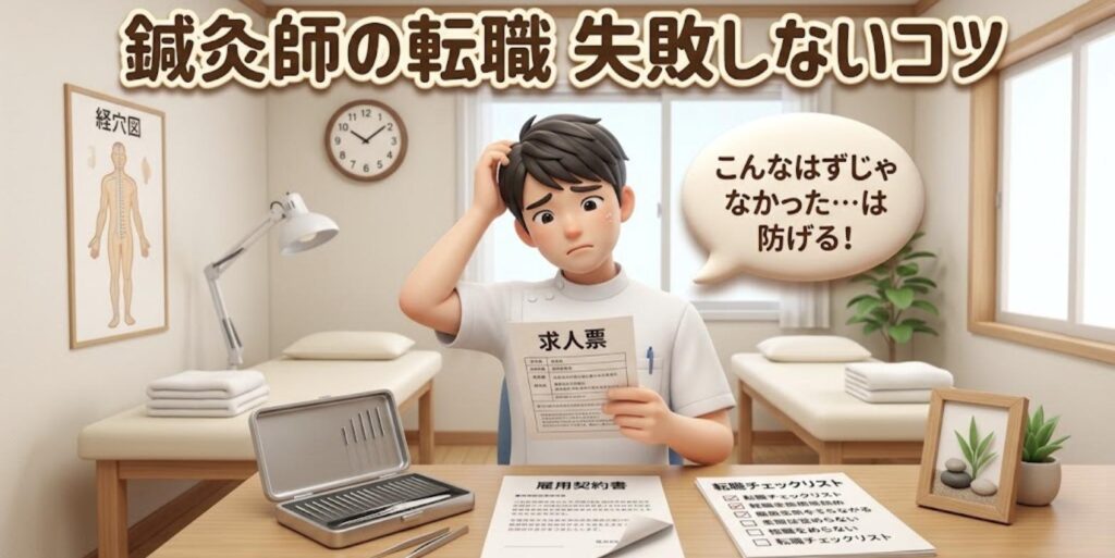 求人票を手に悩む鍼灸師と「鍼灸師の転職 失敗しないコツ」の見出し